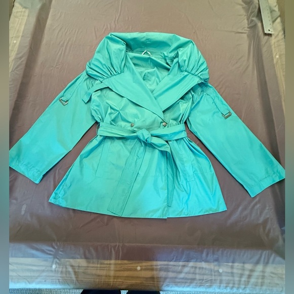MaxMara Blue/Green Hood/Shawl Collar Trench Coat w/ Belted Waist Size 14/XL $ - Picture 3 of 16